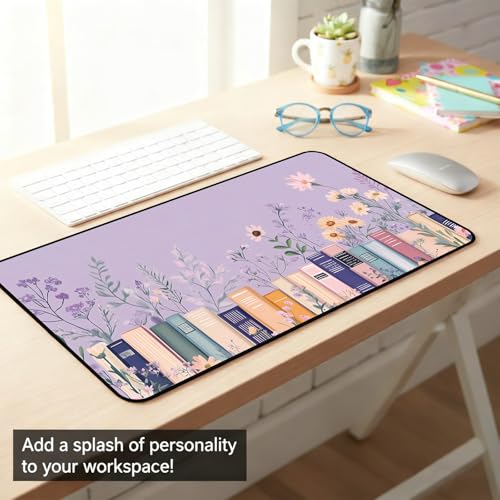 Purple Book Desk Pad Mat XXL, Lavender Flower Large Mousepad, Game Desk Mat, Extended Laptop Keyboard Mats, Cute Desktop Protection Pad, Women's Home Office Desk Decoration 31.5"X15.7" - color: Purple Lavender