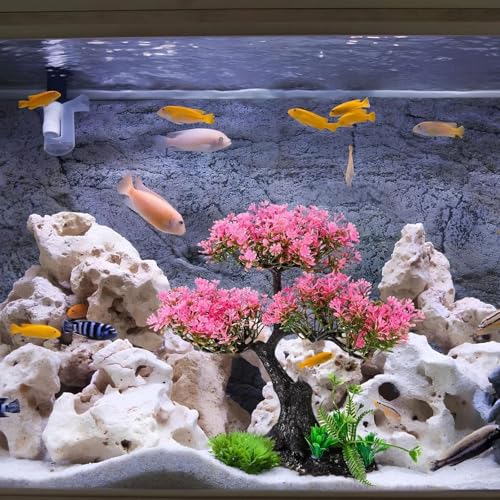 Aquarium Artificial Plants Decor, Cherry Blossom Tree with Grass Set, Pink Plastic, 9.44x3.54x2.75 Inches, for Nature Underwater Landscape (Pink-B) - color: Pink-b