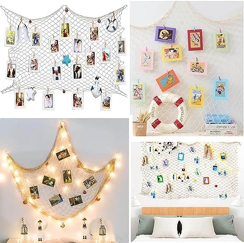 White Fishing Net with White 40 Paper Photos Frames Wall Decorations Fits 6x4 inch, for School Home Party Display Memories, Hanging on walls Collage Ornaments Pictures Display with Clips Set