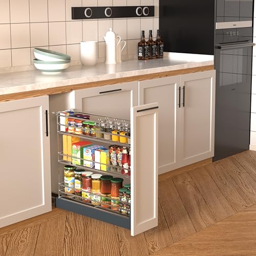 JOWBOOW 8 Inch Pull Out Cabinet Organizer (7.8" W), Fully Assembled Heavy Duty Slide Out Spice Rack, 3 Tier Door Mount Pantry Storage with Tall Guardrails for Base Cabinets, 100 LBS Capacity - size: 8"W Bottom-Mount (Min 9" Opening)