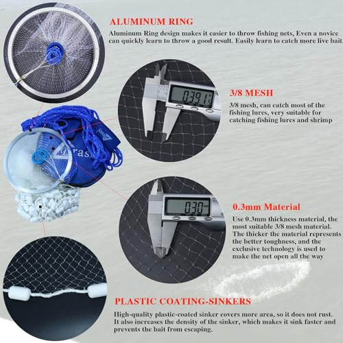 Drasry Fishing Cast Net with Aluminum Ring 3/8 or 1/2 Mesh for Saltwater Freshwater Bait Shrimp Trap Fish Throw Net Heavy Duty Sinker. Size 4FT/5FT/6FT/7FT Radius - color: Gray, size: 4 FT Radius, style: Plastic Coating Sinkers 3/8 Mesh