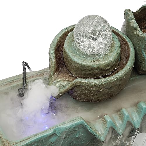 Desktop Water Fountain with LED Lights, Eco Fish Tank for Home Office Decor, 4mm Glass Indoor Waterfall with Mist for Good Luck Wealth, 16x8x5 Inch