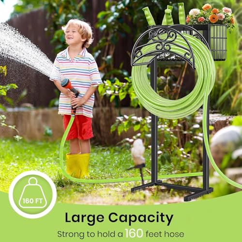 TomCare Garden Hose Holder Upgraded Water Hose Holder Heavy Duty 4 Spikes Hose Hanger Holds 160 Feet Hoses Stable Freestanding Hose Storage Organizer for Outside Yard - color: All Black