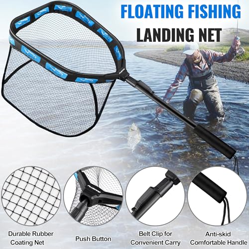 PLUSINNO Floating Fishing Net for Steelhead, Salmon, Fly, Kayak, Catfish, Bass, Trout Fishing, Rubber Coated Foldable Landing Net with Fixed or Telescoping Pole Handle, Fishing Gear and Gifts for Men - color: 11.8"/30cm Hoop Size 0.8M Blue (Fixed Pole)Wit