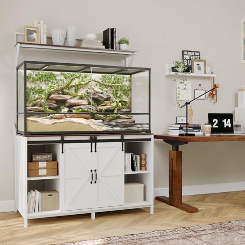 VOWNER Farmhouse Reptile Tank Stand with Power Outlet, 48" X 24" Tabletop Fits up 120 Gallon Bearded Dragon Tank, Heavy Duty Aquarium Stand with Storage Cabinet, Reptile Turtle Terrarium Stand White - color: White + Walnut
