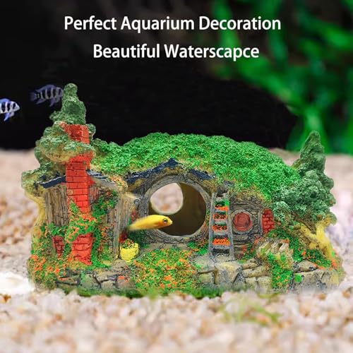 Tfwadmx Fish Tank Hobbit Decorations,Resin Small Fish Cave Hideout House,Aquarium Decor Hide Hole Shelter Castle Hut Ornaments Mini Garden Decorating Accessories - color: Green-6.9 X 4.7 X 3.9 Inches