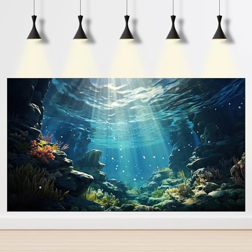 Underwater Aquarium Background Corals and Tropical Fish Terrarium Backdrop Rock Aquatic Plants Sunlight Rays Fish Tank Background Tank Aquarium Wallpaper Poster Decor 36x18in - color: Underwater Blue, size: 36(W)x18(H)inches/ 90(W)*45cm(H)