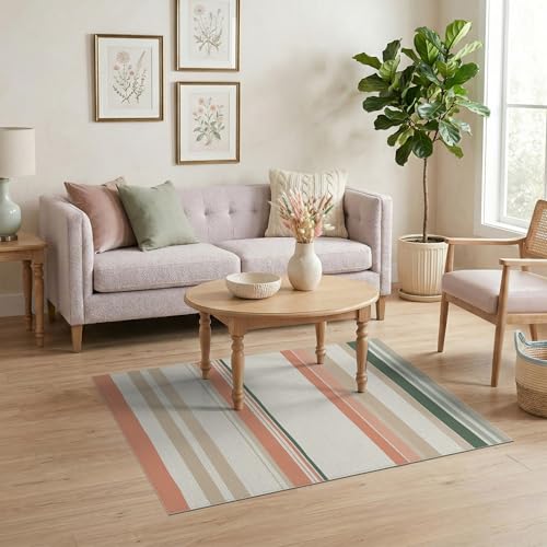 4'x6' Washable Flatwoven Rug, Coral Modern Stripe Easy Care Throw Carpet Stain Resistant Low Profile Floor Covering for Dorm Room, Small Living Room, Apartment | Ref:1993948 - color: Beige/Pattern 22, size: 4' x 6' (Rectangular)