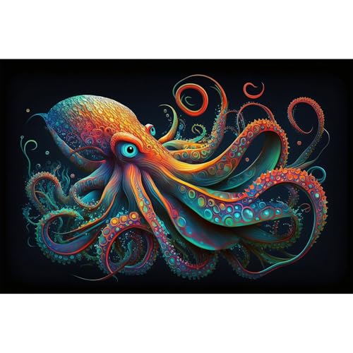 Octopus Aquarium Background Abstract Colorful Octopus Terrarium Background Glowing Octopus on Black Background Fish Tank Backdrop Poster Wallpaper Decorations Vinyl 24x12in - color: Green Red, size: 24(W)x12(H)in