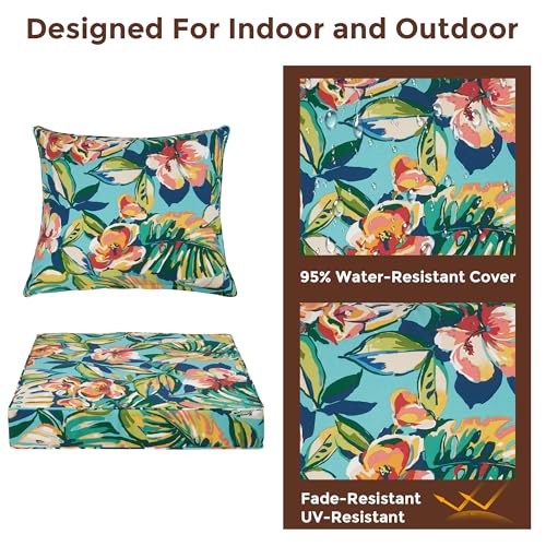FUNHOME Outdoor Seat Cushion Set 24 x 24 x 4 Inch,Water Resistant Outdoor Chair Cushions for Patio Furniture,Thick Deep Seating Pads for Outside Chair Sofa Couch, Rosario Flower Leaf - color: Rosario Flower Leaf