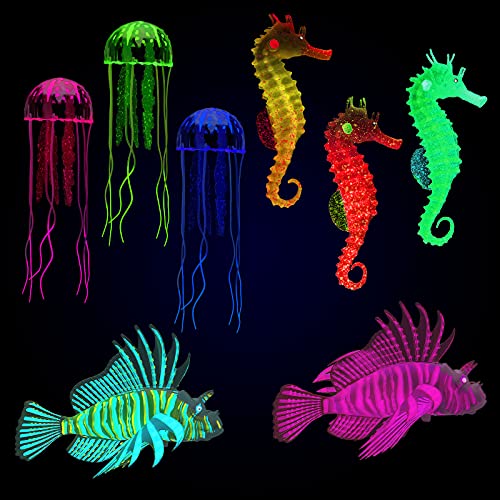 Patelai 8 Pcs Glow in The Dark Fish Tank Decorations Silicone Floating Artificial Jellyfish Fluorescent Lionfish Seahorse for Aquarium Decoration Small Large Fish Bowl Decor Accessories (Dreamy Color)