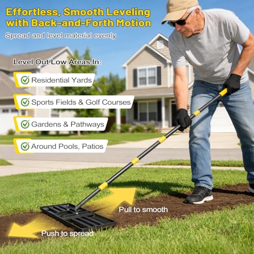 Lawn Leveling Rake,Foldable 30x10 Inch Ground Plate,72 Inch Adjustable Long Handle Yard Level Tool with Curved Edge,Heavy Duty Landscaping Lawn Leveler for Grass, Golf Field, Soil Sand Dirt Spreader - size: 30"x10", 70"