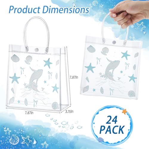 Hlimior 24 Pcs Beach Party Favor Ocean Seashell Gift Bags Starfish Clear PVC Gift Bags with Handles Reusable Candy Treat Tote Summer Shell Goodie Bags for Birthday Party Supplies