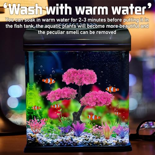 Ameliade Aquarium Artificial Plastic Plants Decoration, Pink Cherry Blossom Tree Aquarium Decor Set, Goldfish Betta Fish Tank Decorations Hides Accessories（Pink - color: Pink