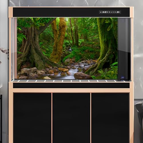 Forest Aquarium Background Jungle Rainforest Stream Fish Tank Background Lush Green Trees with Moss Terrarium Background Forest Stream Rock Theme Reptile Habitat Background Poster Vinyl 24x12in - color: Moss Green, size: 24(W)x12(H)in
