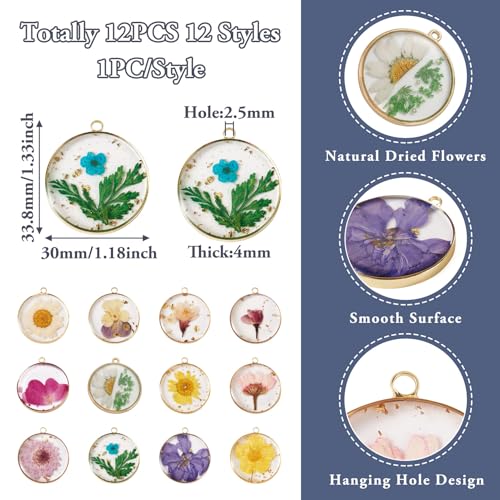Transparent Flower Resin Charms Round Gold Edge Dried Floral Pendants Flat Round Clear Gold Foil Floral Charms for Necklace Bookmark Keychain Jewelry Making - color: Flower-3