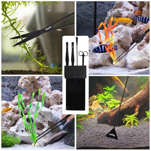 Segarty Longer Aquarium Aquascaping Tools, 4 in 1 Stainless Steel Black Aquarium Tools Kit for Aquatic Plant Fish Tank, Long Scraper Spatula Feeding Tweezers Curved Scissors Anti Rust Aquascape Set