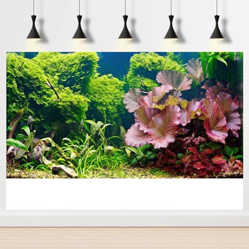 Aquarium Background Underwater Grass Leaves Pebble Aquarium Backdrop Vivid and Fresh Green Aquatic Plant Background Stone River Bed DeadWood Purple Leaves Tank Background Decor Vinyl 24x12in - color: Green Purple, size: 24(W)x12(H)inches/ 60(W)*30cm(H)