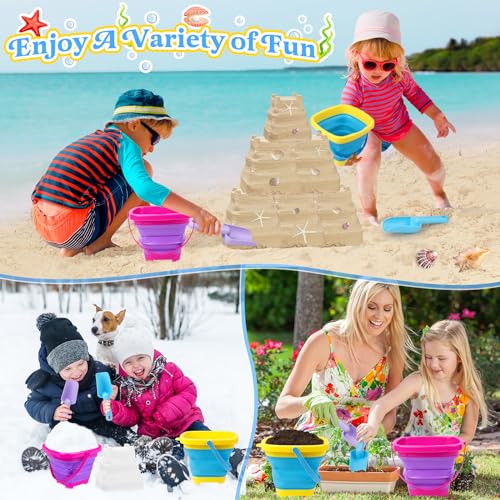 Collapsible Beach Buckets for Kids, 2 Packs Foldable Sand Buckets and Shovels with Mesh Beach Bag, Silicone Sand Pails for Toddlers Beach Toys, Easter Egg Hunt, Camping, Travelling, Fishing Water Pail - style: 2 Buckets