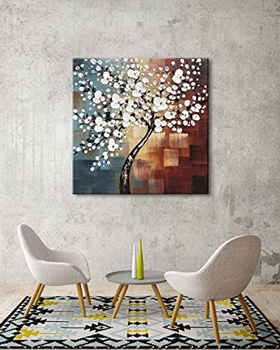 Wieco Art Large Modern Abstract White Flowers Oil Paintings on Canvas Wall Art Morning Glory 100% Hand Painted Floral Gallery Wrapped Artwork for Living Room Bedroom Home Office Decor - size: 32"L x 32"W