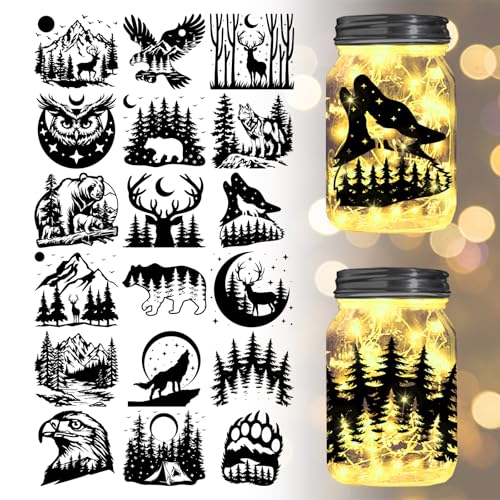 GLOBLELAND 18 Sheets Forest Animals Transfer Stickers Decals Stickers Wolf Deer Bear Eagle Rub on Transfer for Mason Jars Furniture Vase Glass Decorations Art Crafts - style: Forest Animals