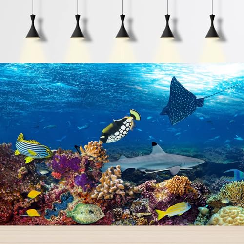 Under The Sea Aquarium Background Sea Turtle Shark Tropical Fish Terrarium Background Deep Blue Sea with Sunbeams Fish Tank Backdrop Colorful Coral Reef Fish Group Ocean Backgrounds 24x12in - color: Dark Blue, size: 24(W)x12(H)in