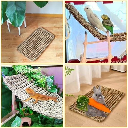 Large Bird Seagrass Mat 24 × 14 ''Natural Seagrass Woven Bird Net Hammock Climbing Rope Ladder with Hooks Chew Toy for Parrot Guinea Pig Lovebird Cockatiel Pigeon - size: 2Pcs 23.6×13.8‘’