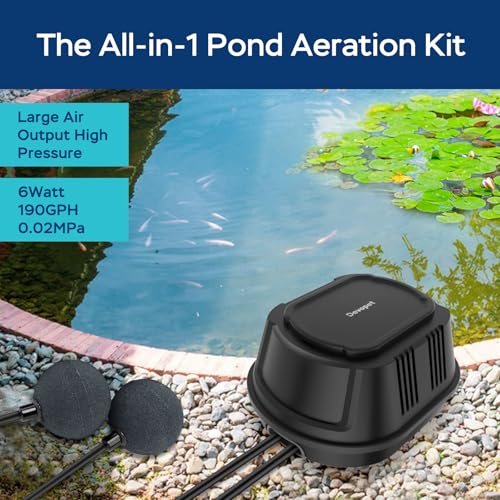 Pond Aerators for Outdoor Koi Ponds, Air Pump for Pond up to 1800 Gallons, All-in-One Flow Adjustable Pond Aeration Kit Pond Deicer with Double Outlet Airline Tubing Air Stones Check Valves - size: Up to 1800 Gallon