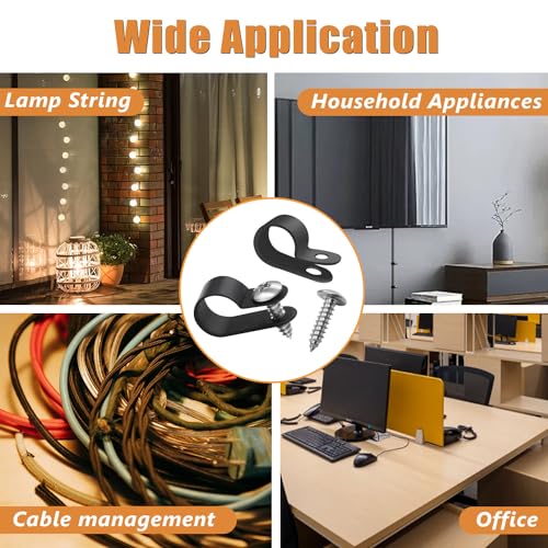 mankk 100PCS 1/4 Inch Rope Light Clips P-Style Mounting Clips Plastic Cable Clamps with Compatible Stainless Steel Pan Head Phillips Screws for Wire Management M-034-BK-LS - size: 100 Pack 1/4Inch