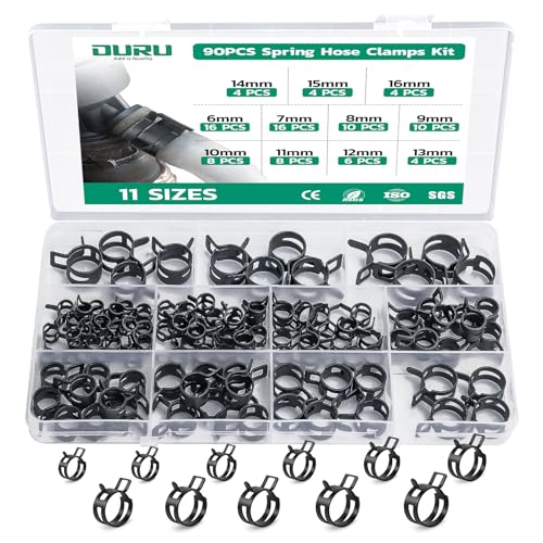 OURU 90PCS 6-16mm Spring Band Hose Clamps Assortment kit, Constant Tension Hose Clamps for Fuel Lines, Silicone Vacuum Hoses, Low-Pressure Air Clips - size: 90PCS (6-16mm)