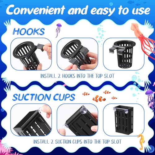 Chunful 12 Set Upgraded Large Aquarium Plant Holder Contain 12 Hanging Aquatic Pot with 72 Hooks and 24 Aquatic Planter Suction Cups for Fish Tank Aquarium Cultivation and Aquascape Decoration (Black) - color: Black