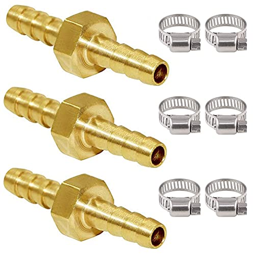 Joywayus 1/4" ID Hose Barb Hex Union Fitting Intersection/Split Brass Water/Fuel/Air with 6 Stainless Steel Clamps (Pack of 3) - size: 0.25 Inch, style: 3PCS