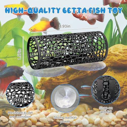 Betta Hammock & Fish Enclosure Accessories Set- Frond Hammock, Swim Tunnel, Feeding Station, Black Square Betta Platform - Breeding, Resting, and Play Area for Betta Fish