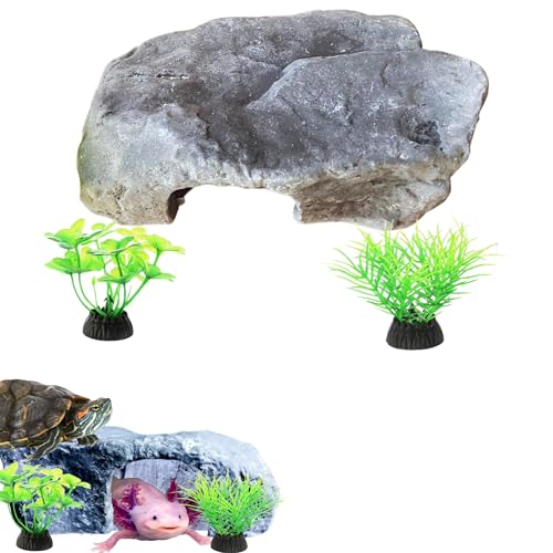 Axolotl Tank Accessories - Aquarium Tortoise Hideout, Hides and Fake Water Plants Set, Cave Plastic Tree, Turtle Hideout, Fish Tank Decor (Stone, M) - color: Stone