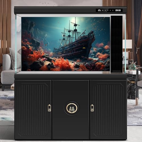 Shipwreck Aquarium Background Vibrant Coral Reef Marine Life Sunken Pirate Ship Fish Tank Background Stunning Underwater Rock Submerged Structure Reptile Tank Enclosure Terrarium Backgrounds 24x12in - color: Dark Blue_Orange, size: 24(W)x12(H)in