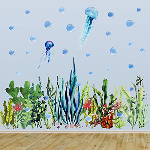 Under The Sea Wall Decals Ocean Stickers Coral Reef Seaweed Jellyfish Removable Wall Decal Undersea Decor Stickers for Bedroom Bathroom Daycare Nursery Home Decoration