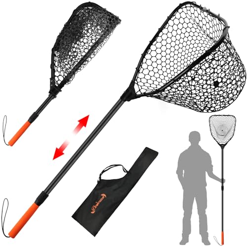 Rubber Fishing Landing Nets Telescopic Handle Nets Folding Nets with Collapsible Handle for Catch & Release Fishing Gift 17.6" dia-13.7" Depth Black/Orange