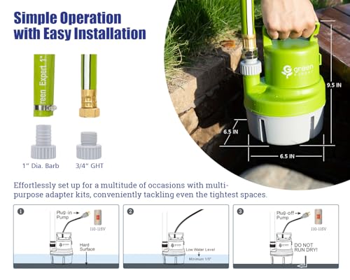 Green Expert Handy Utility Pump Submersible 1/6HP, 25-Foot Long Power Cord, Easy to Remove Water in Pools Hot Tub Flooded House Garden Pond Tankless Heater, Small Backup Pump for Household Drainage