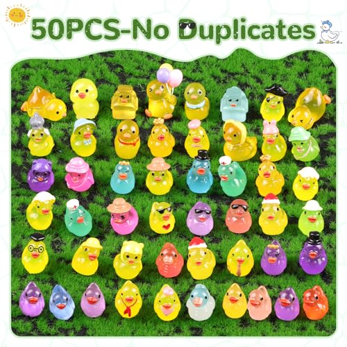 TINKRSTUFF 50PCS Mini Resin Animals Assorted Styles Tiny Ducks Glow in Dark,Miniature Duck Figures to Hide,Little Animal Bulk for Topper Desk Garden Landscape Aquarium DIY Crafts & Decor - color: Luminous Various Ducks-50pcs