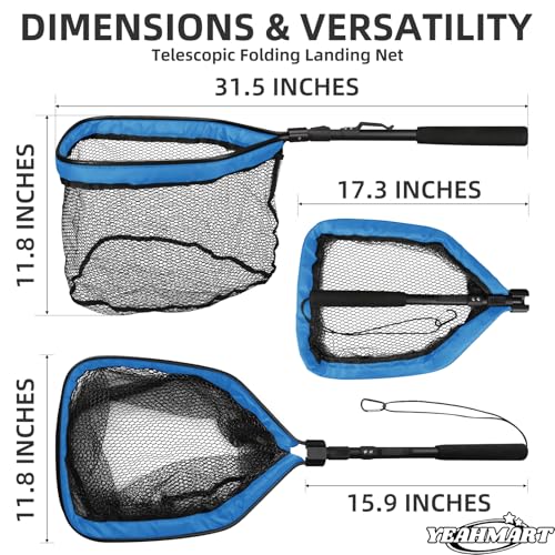 Yeahmart Floating Fishing Landing Net for Fresh & Saltwater, Foldable Telescopic Pole with Rubber Coated Mesh, Portable Collapsible Fish Net Gear for Kayak Boat Trout Bass, Blue, 31.5/39.3/47.2 inch - size: 31.5" Total Length (Fixed Handle)