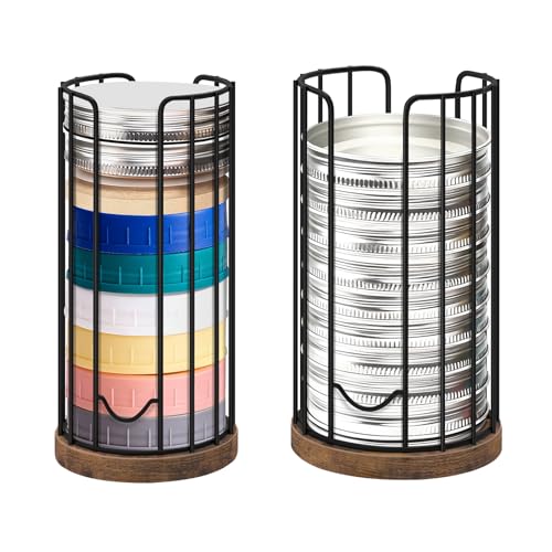 Mason Jar Lid Organizer, 2-Pack Mason Jar Lid Holder with Wood Base & Metal Frame, Mason Jar Lid Storage Accessories for Kitchen Countertop or Cabinet, Fit Mason/Canning/Bamboo Lids