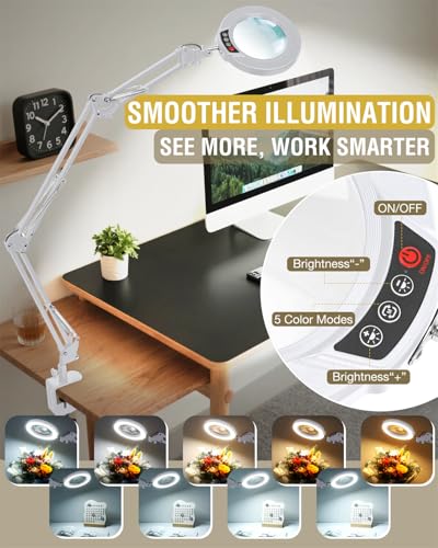 12X Magnifying Glass with Light and Clamp, Ultra Long 3 Section Swing Arm LED Desk Lamp, Real Glass Lens, 5 Color Modes Dimmable, Hands Free Lighted Magnifier with Stand for Repair Crafts - White - color: White, size: 12X 36inch Clamp