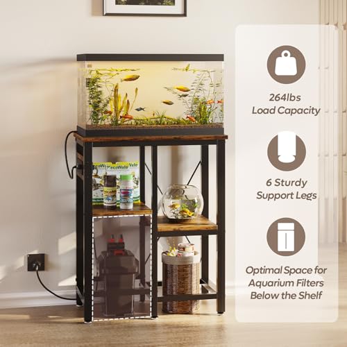 Bestier 10 Gallon Fish Tank Stand with Power Outlet, 20.3x10.6 Metal Aquarium Stand with Filter Storage, 6-Leg Reptile Tank Stand with 3-Tier Adjustable Storage Shelves, 264LBS Capacity，Rustic Brown - color: Rustic Brown, size: 5-10 Gallon