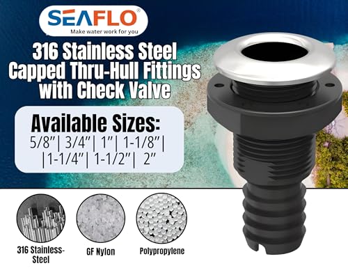 SEAFLO Thru Hulls Fitting Thru-Hull with Check Valve, 5/8”, 3/4”, 1”, 1-1/8”, 1-1/4”, 1-1/2”, or 2” Sizes, White/Black, Polypropylene/Nylon, 4-Year Warranty, (Choose Color, Size, and Pack Size) - color: Stainless-Steel Capped, size: 1-1/4", style: 1-pack