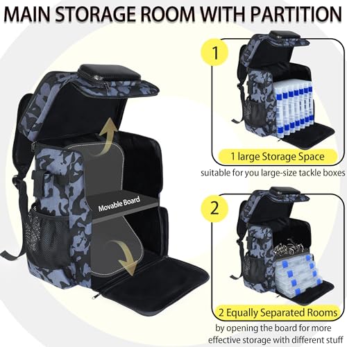 Fishing Backpack with Rod Holder, Large 50L Tackle Bag Water Resistant Tackle Backpack Heavy Duty Fishing Bag Gift for Men Woman - color: Camo Black with 4 Tackle Boxes