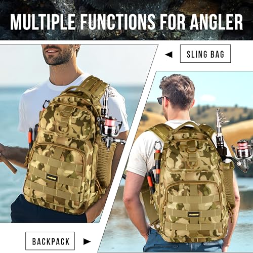 PLUSINNO Fishing Backpack with Tackle Boxes, Waterproof Sling Tackle Bag For Fishing Gear With Rod Holder, Fish Gifts for Men With Fish lures, Fish pliers. - color: Khaki Fishing Backpack With Fishing Tools