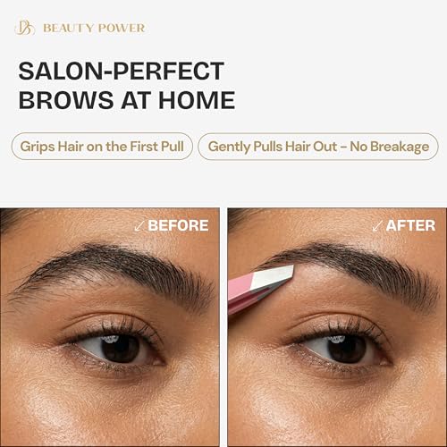 Beauty Power Tweezers for Women Facial Hair: Ultra Precision Tweezers for Women & Men, Sharp Slant Tweezer for Eyebrows, Ingrown Hair Removal. Professional Plucker, German Stainless Steel (Pink) - color: Pink