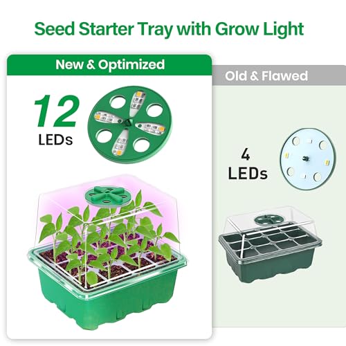 Bonviee 5 Packs Seed Starter Tray with Plant Light, Elevated Seedling Starter Trays Kits with Adjustable Humidity Domes and Clear Cell Tray, 12 Full Spectrum led lamp Beads for Plants Indoor-Green - color: Green, size: 5 Packs, with light