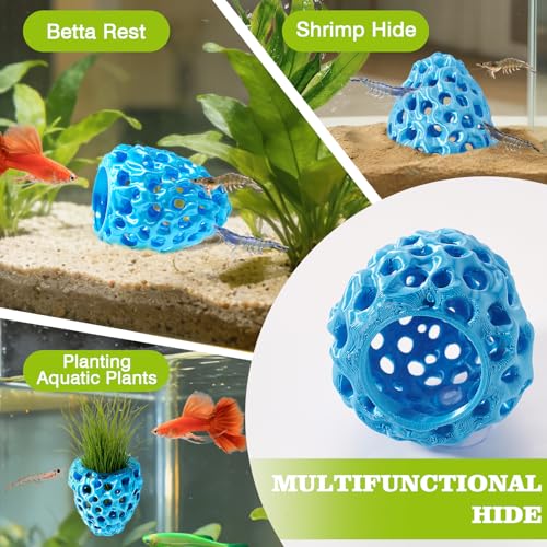 Shrimp Dome Hide, Shrimp Hides for Aquarium, Betta Fish Hideout with Suction Cup, Betta Habitat Tank Ornament Accessories, Aquarium Decor for Small Fish Guppy Hiding Resting (Blue) - color: Blue