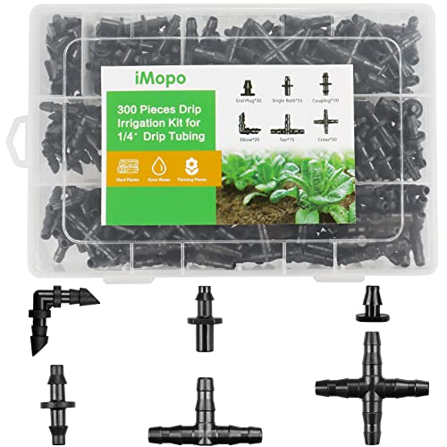 300 Pcs Barbed Connectors Irrigation Fittings Kit, Drip Irrigation Fittings 1/4” Tubing Connectors for Drip or Sprinkler Systems-Couplings, Single Barbs, End Plugs, Elbows, Tees, 4-Way Coupler - size: 300P-Irrigation Fittings Set